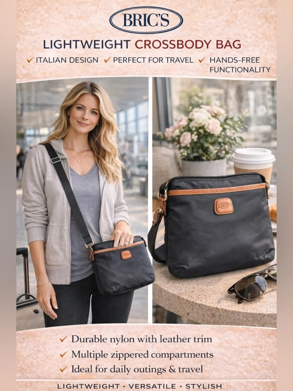 Bric’s Milano Black Nylon Crossbody Bag‎ Leather Trim Lightweight Travel Purse